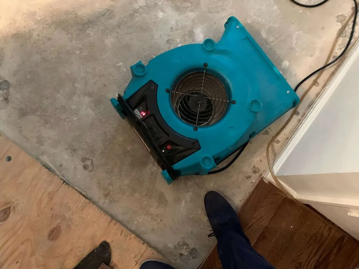 Air mover drying subfloor during Leak Detection & Repair in Stoughton